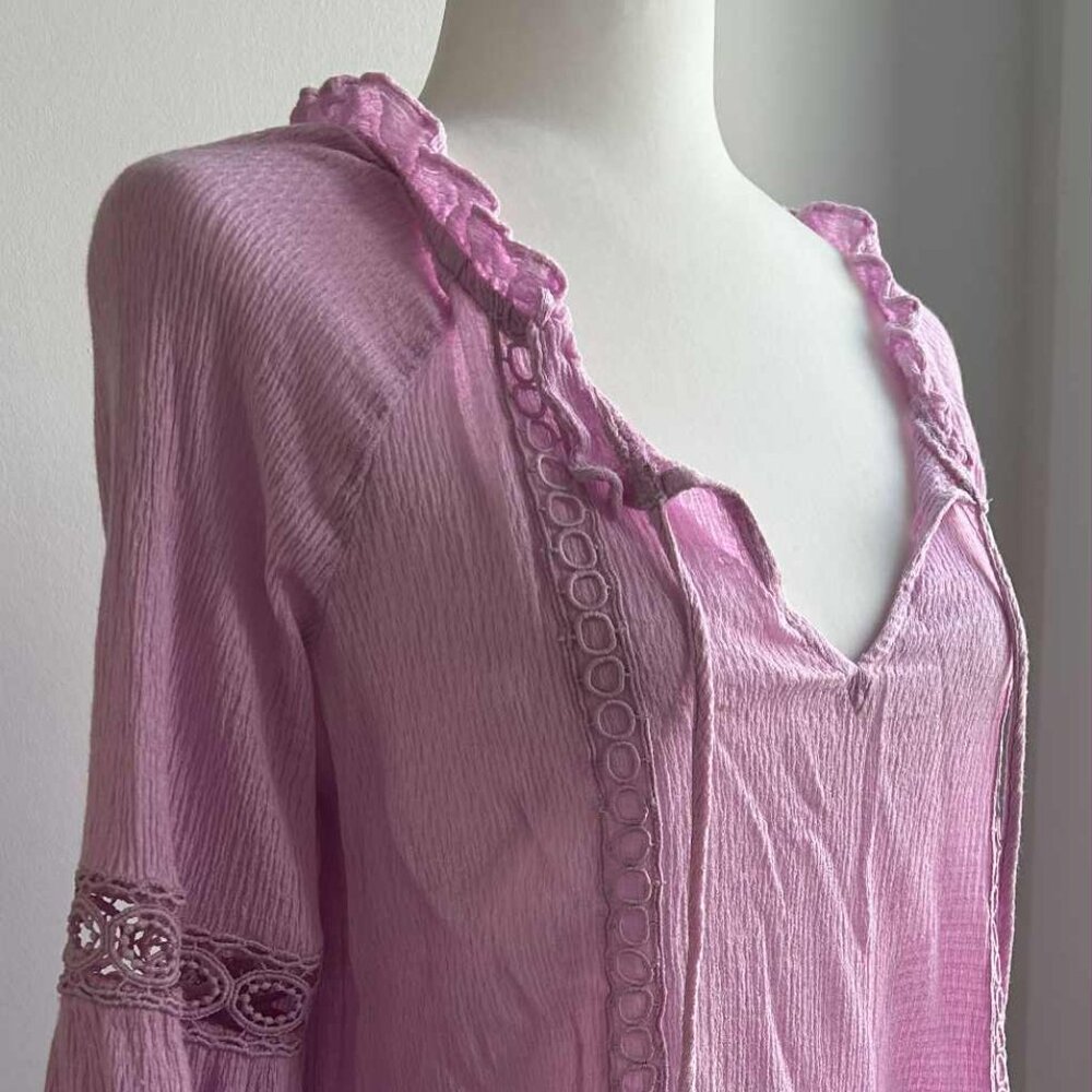 Esqualo Orchid Rose Crinkle-Gauze Boho Peasant Blouse with Crochet Trim – US 6